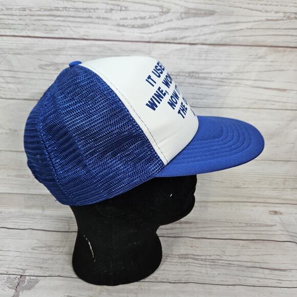 Vintage Funny Trucker Hat Wine Women Song Beer Old Lady T.V. Blue White Snapback - Picture 5 of 7